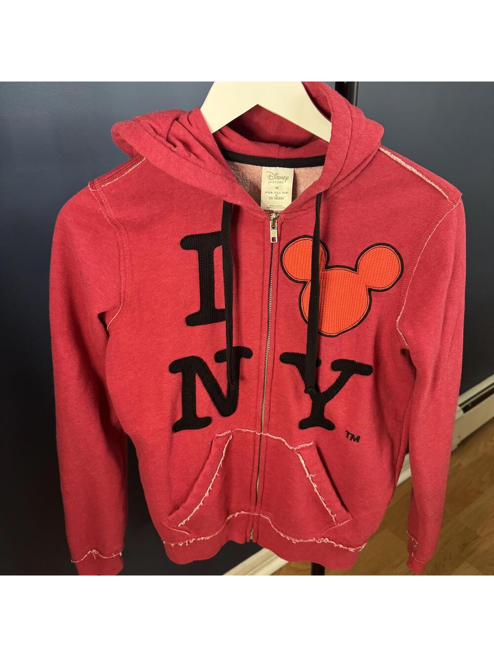 Disney Store “I LOVE NY” Red Mickey Mouse Hoodie Sweatshirt Zip Up XS